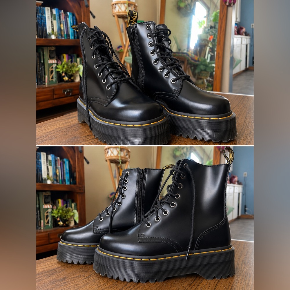 Dr. Martens Black Platform Lace-Up Boots with Yellow Stitching
